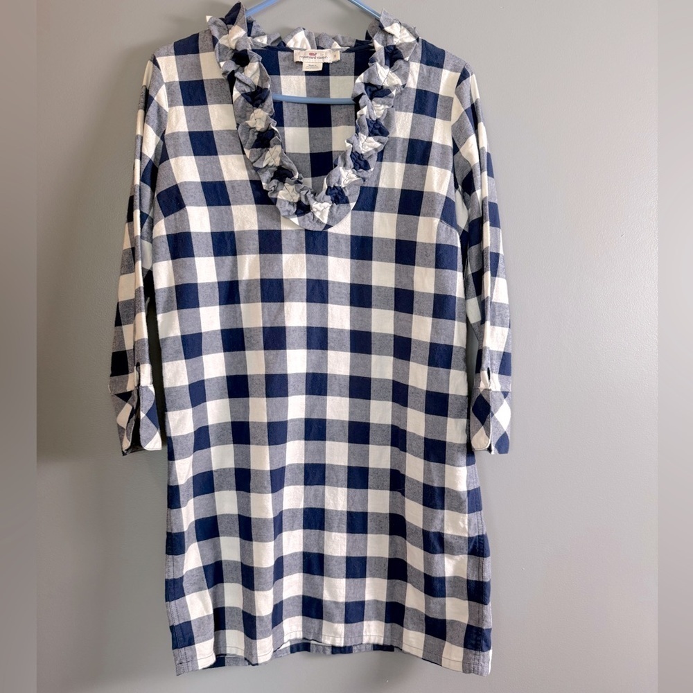 Vineyard Vines Navy Blue White Plaid Knit 3/4 Sleeve Ruffle Shift Dress Size 0
